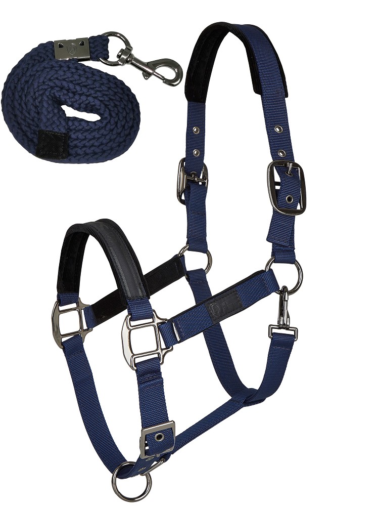 Tim´s Halfter Set mit Führstrick (Karabiner) navy-Cob