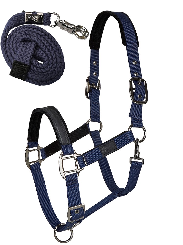 Tim´s Halfter Set mit Führstrick (Panikhaken) navy-Cob